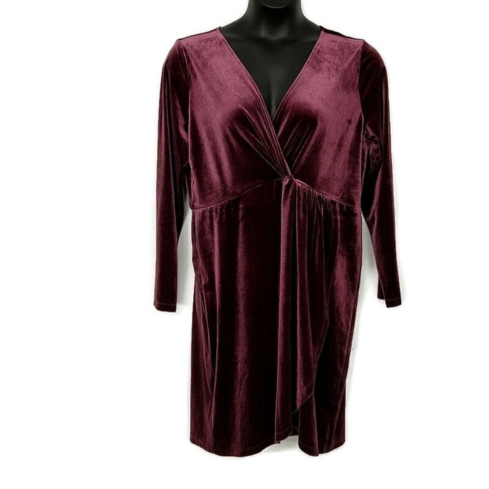 LOFT Dress Womens XL Burgundy Velvet Faux Wrap Knot Front Long Sleeve V-Neck - Picture 1 of 4